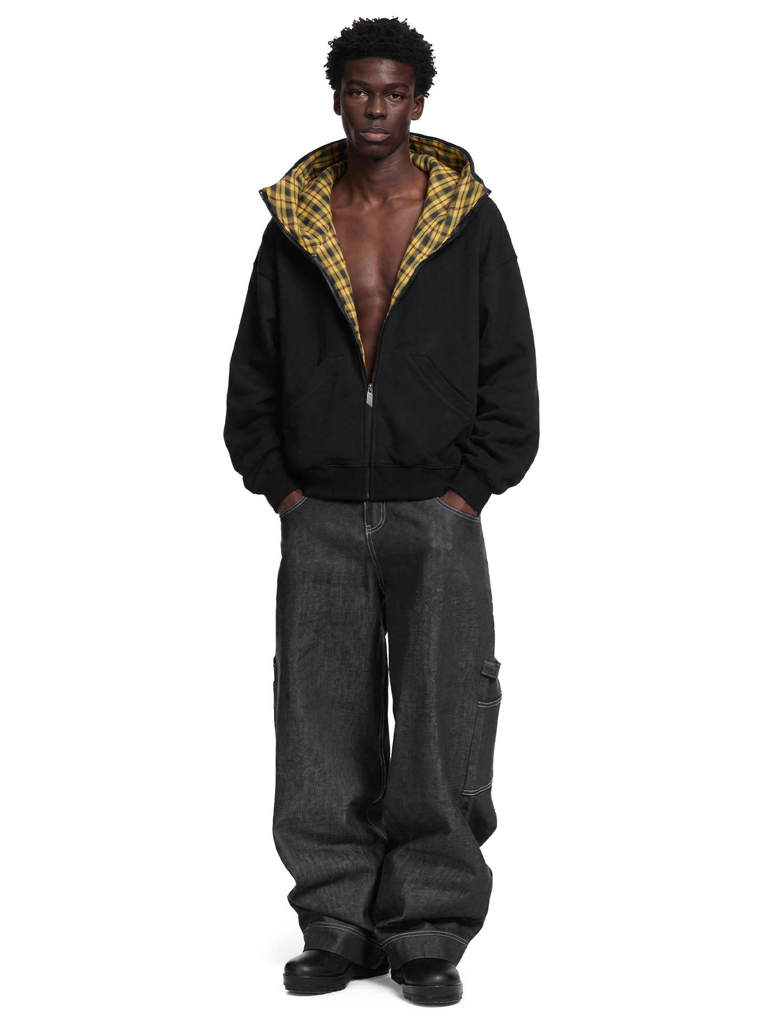 Houndstooth Placket Zip Hoodie in Heather Gray (Full Body Outfit & Model Styling View) - FDR Zip Up Oversized Hoodie - Premium Heavyweight Fleece Sweatshirt | FDR Studios
