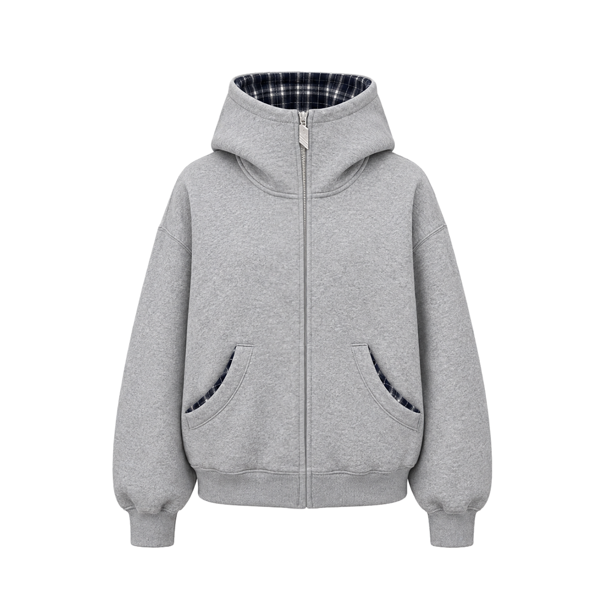 Houndstooth Placket Zip Hoodie in Black (Fabric Texture & Close-Up Stitching Detail) - FDR Zip Up Oversized Hoodie - Premium Heavyweight Fleece Sweatshirt | FDR Studios