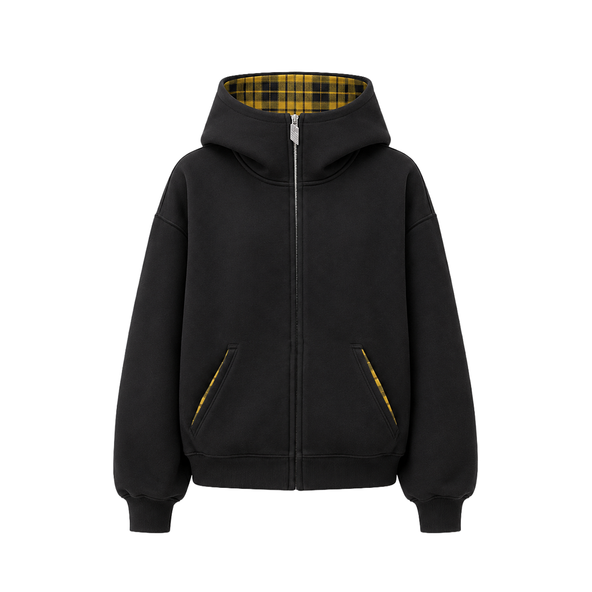 Houndstooth Placket Zip Hoodie in Heather Gray (Style Perspective Shot 6) - FDR Zip Up Oversized Hoodie - Premium Heavyweight Fleece Sweatshirt | FDR Studios