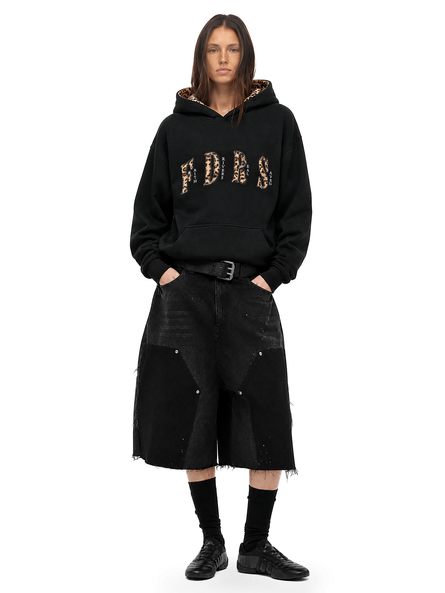 Front view of model wearing Leopard-Lined Oversized Hoodie in Black Hoodie - FDR