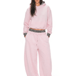 Front view of model wearing Leopard Double Waist Sweatpants in Black - FDR