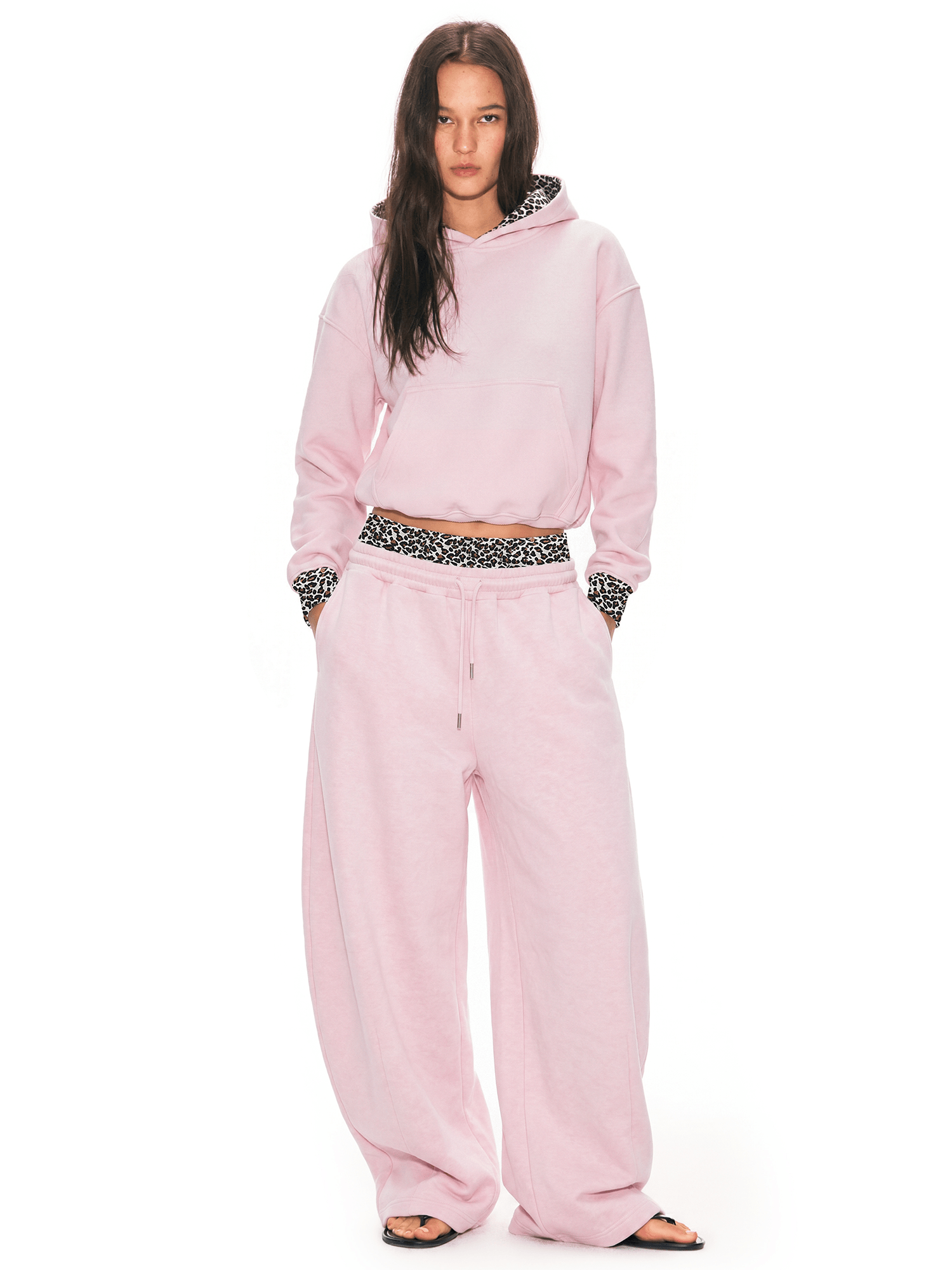Front view of model wearing Leopard Double Waist Sweatpants in Black - FDR
