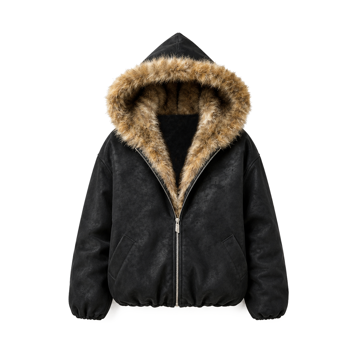 Faux Leather Leopard Fur Jacket in Black (Front View Product Shot) - FDR Heavyweight Streetwear Outerwear Jacket - Premium Archive Fashion | FDR Studios