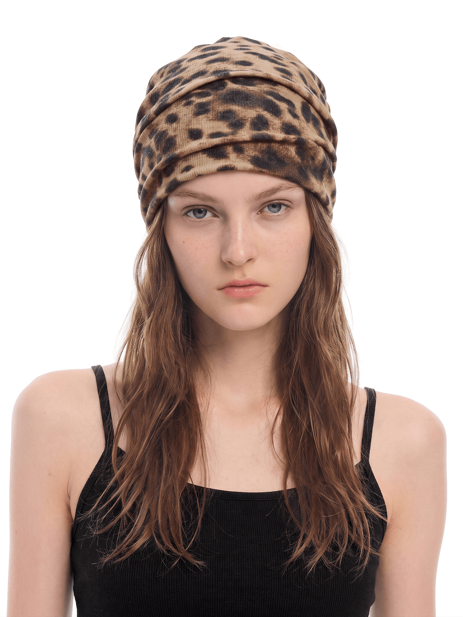 Front view of model wearing Retro Chic Leopard Slouch Beani in Brown Leopard F - FDR