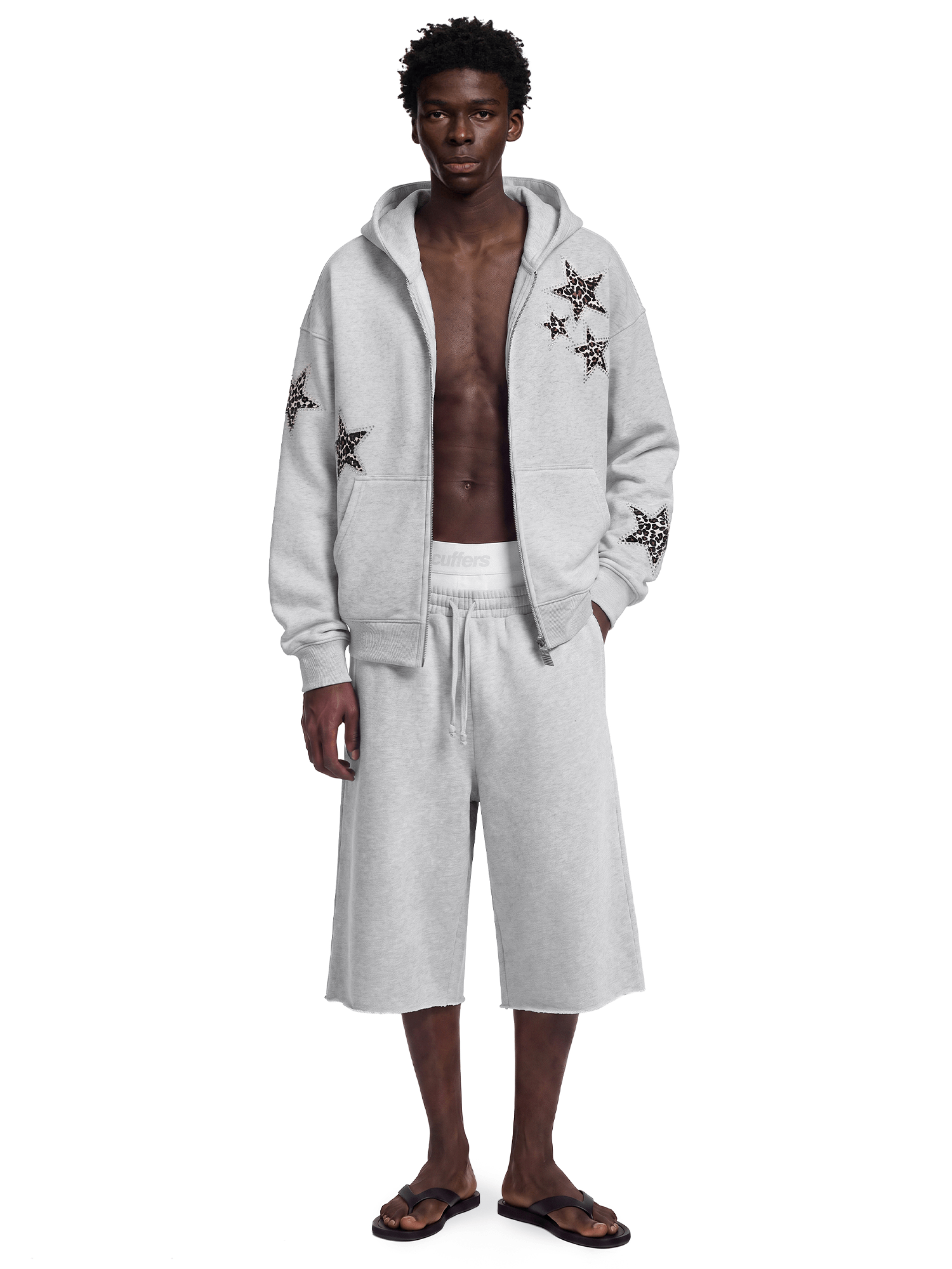 Front view of model wearing Leopard Star Zip Hoodie in Light Gray - FDR