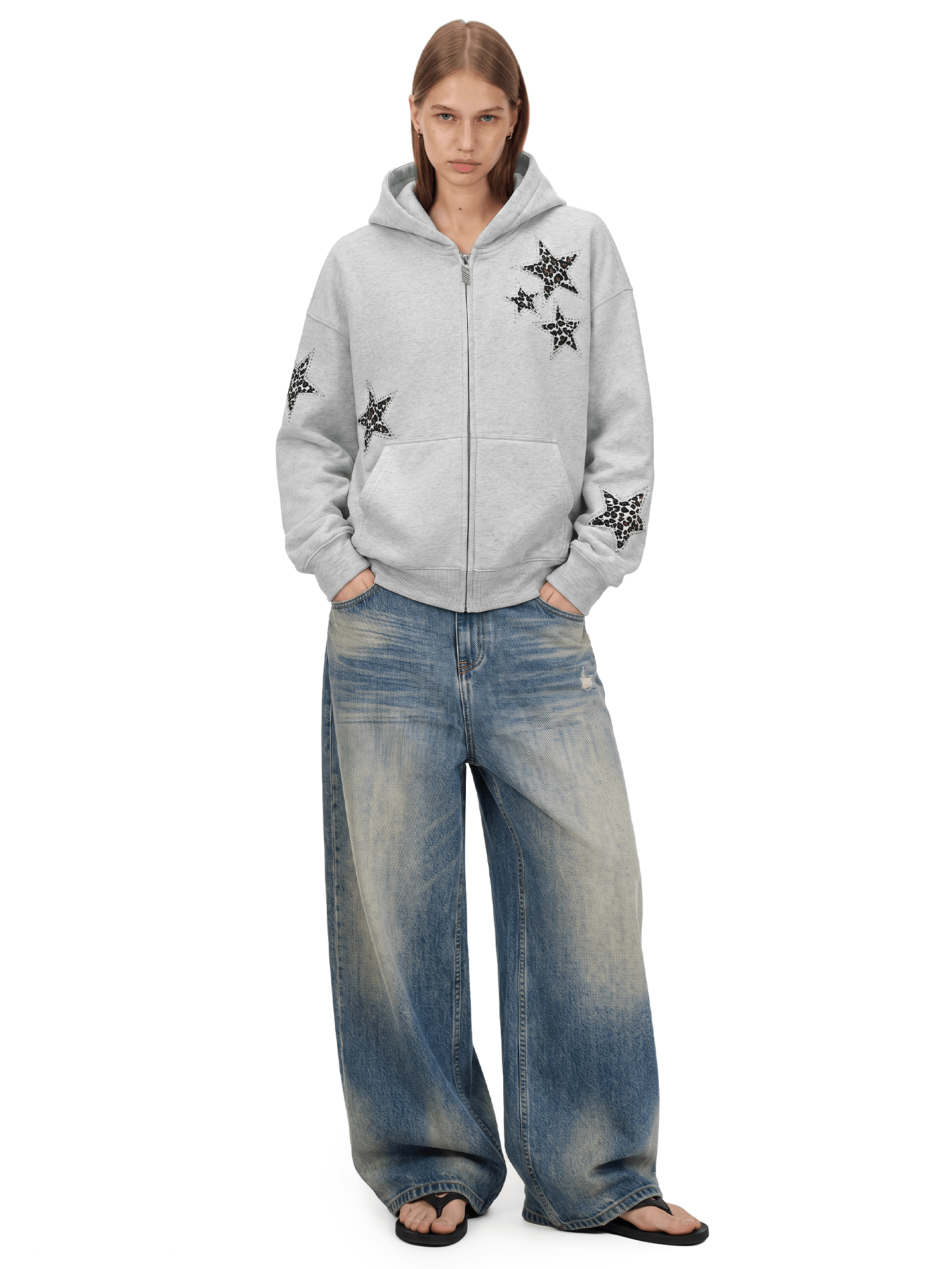Leopard Star Zip Hoodie - Fabric Texture & Stitching Detail - Streetwear Aesthetic | FDR Studios