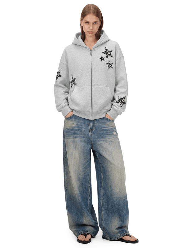 Leopard Star Zip Hoodie - Fabric Texture & Stitching Detail - Streetwear Aesthetic | FDR Studios