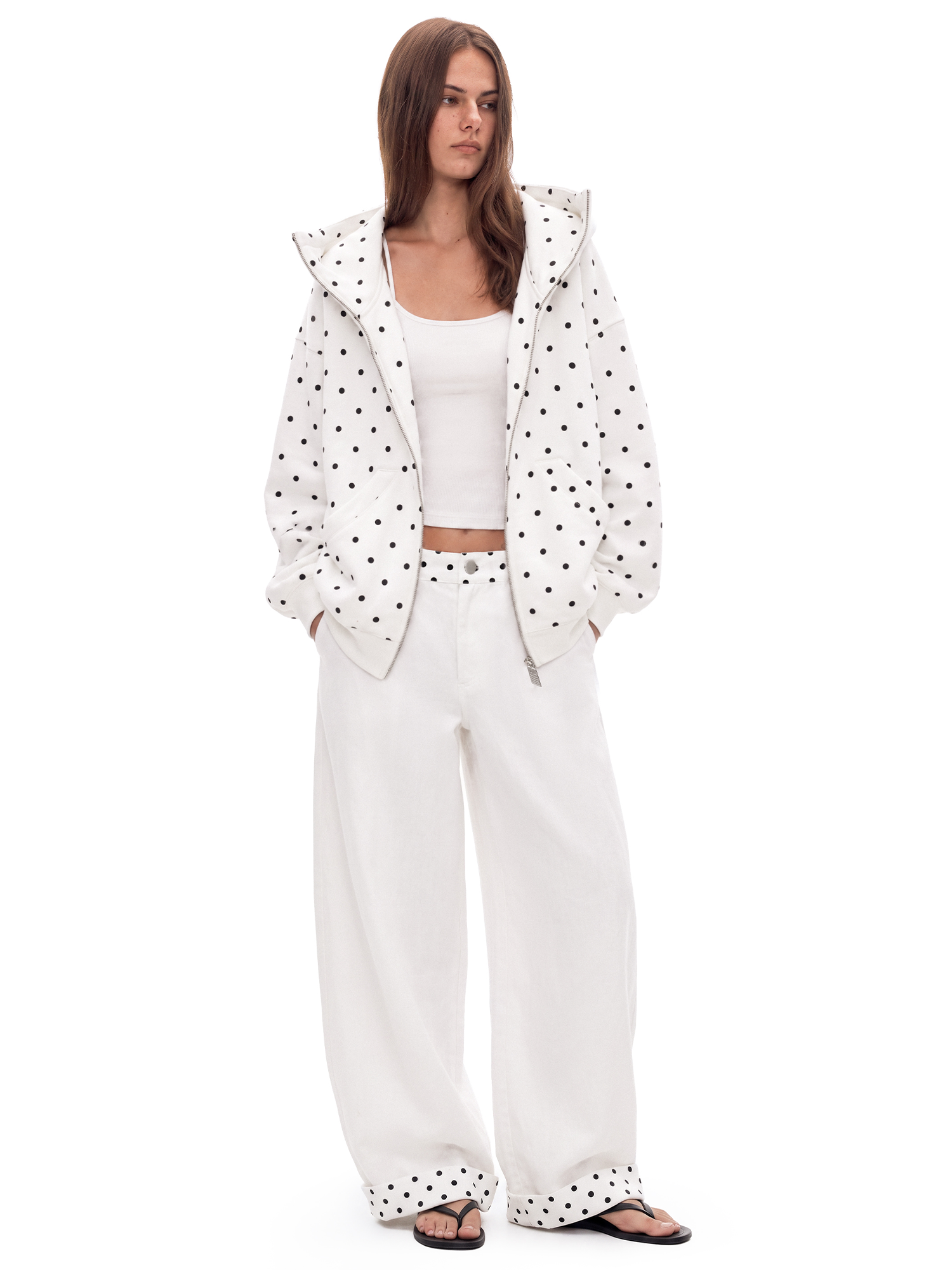 High Neck Dot Zip Hoodie in White (Fabric Texture & Close-Up Stitching Detail) - FDR Zip Up Oversized Hoodie - Premium Heavyweight Fleece Sweatshirt | FDR Studios