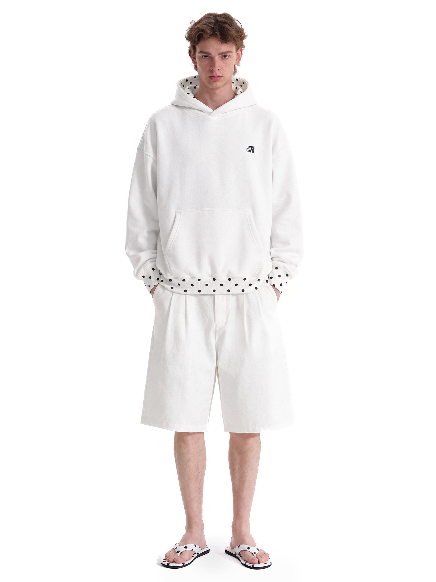 Dot Trim Pullover Hoodie in White (Fabric Texture & Close-Up Stitching Detail) - FDR Oversized Heavyweight Hoodie - Official Streetwear Sweatshirt | FDR Studios