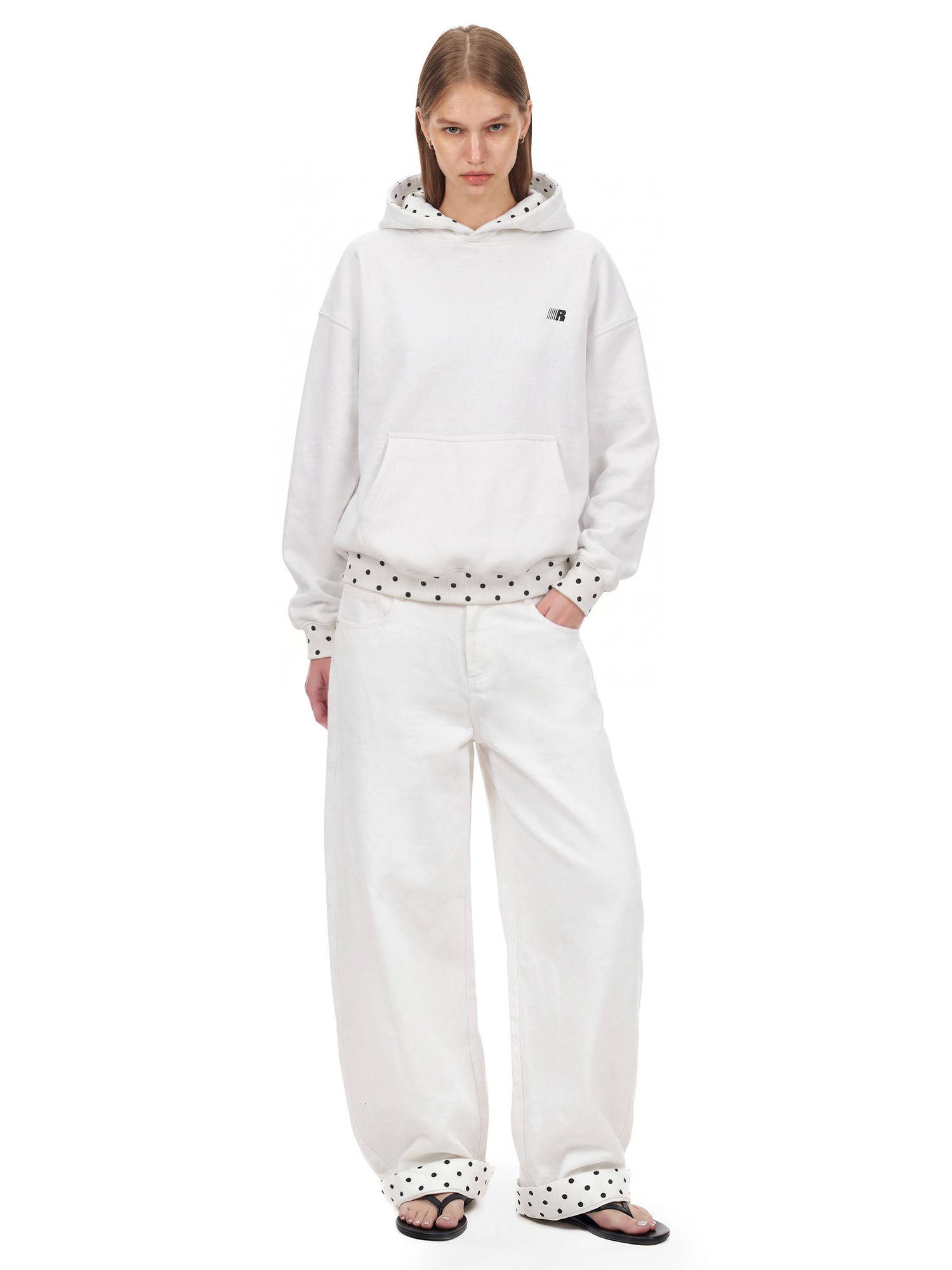 Dot Trim Pullover Hoodie in White (Side Angle & Oversized Silhouette Perspective) - FDR Oversized Heavyweight Hoodie - Official Streetwear Sweatshirt | FDR Studios