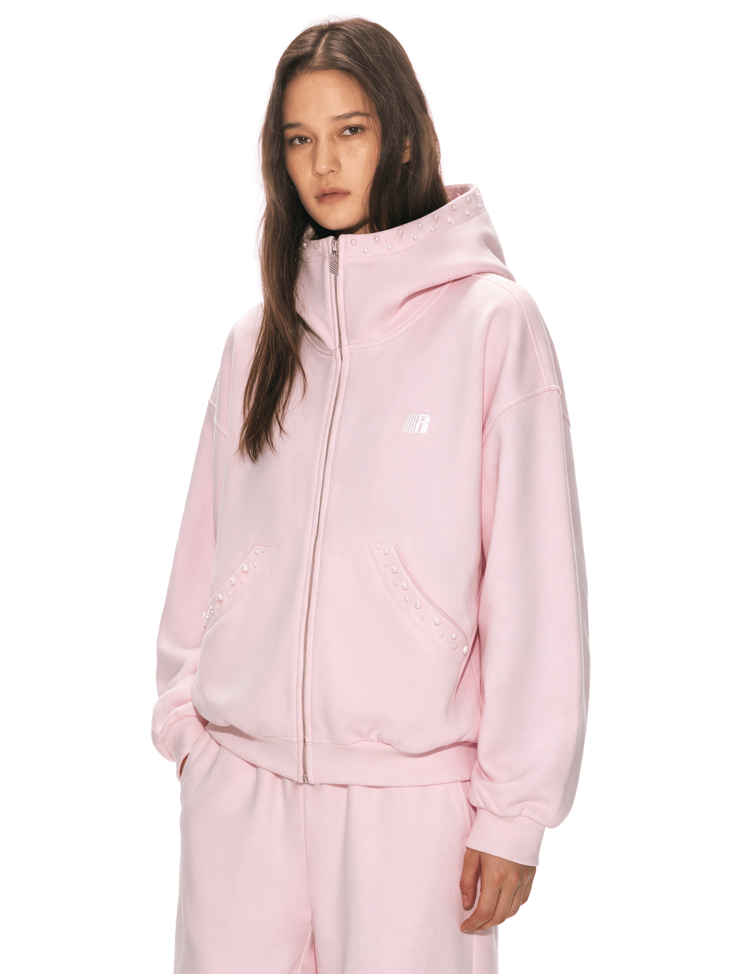 Pearl-Cloud Zip Hoodie - Fabric Texture & Stitching Detail - Streetwear Aesthetic | FDR Studios