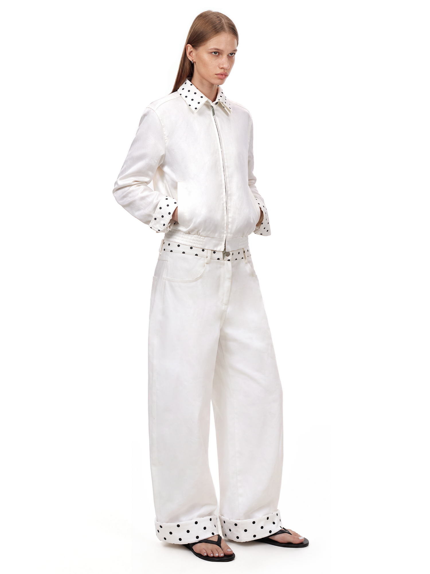 Polka Dot Zip Jacket Baggy Jeans in Pants (Full Body Outfit & Model Styling View) - FDR Heavyweight Streetwear Outerwear Jacket - Premium Archive Fashion | FDR Studios
