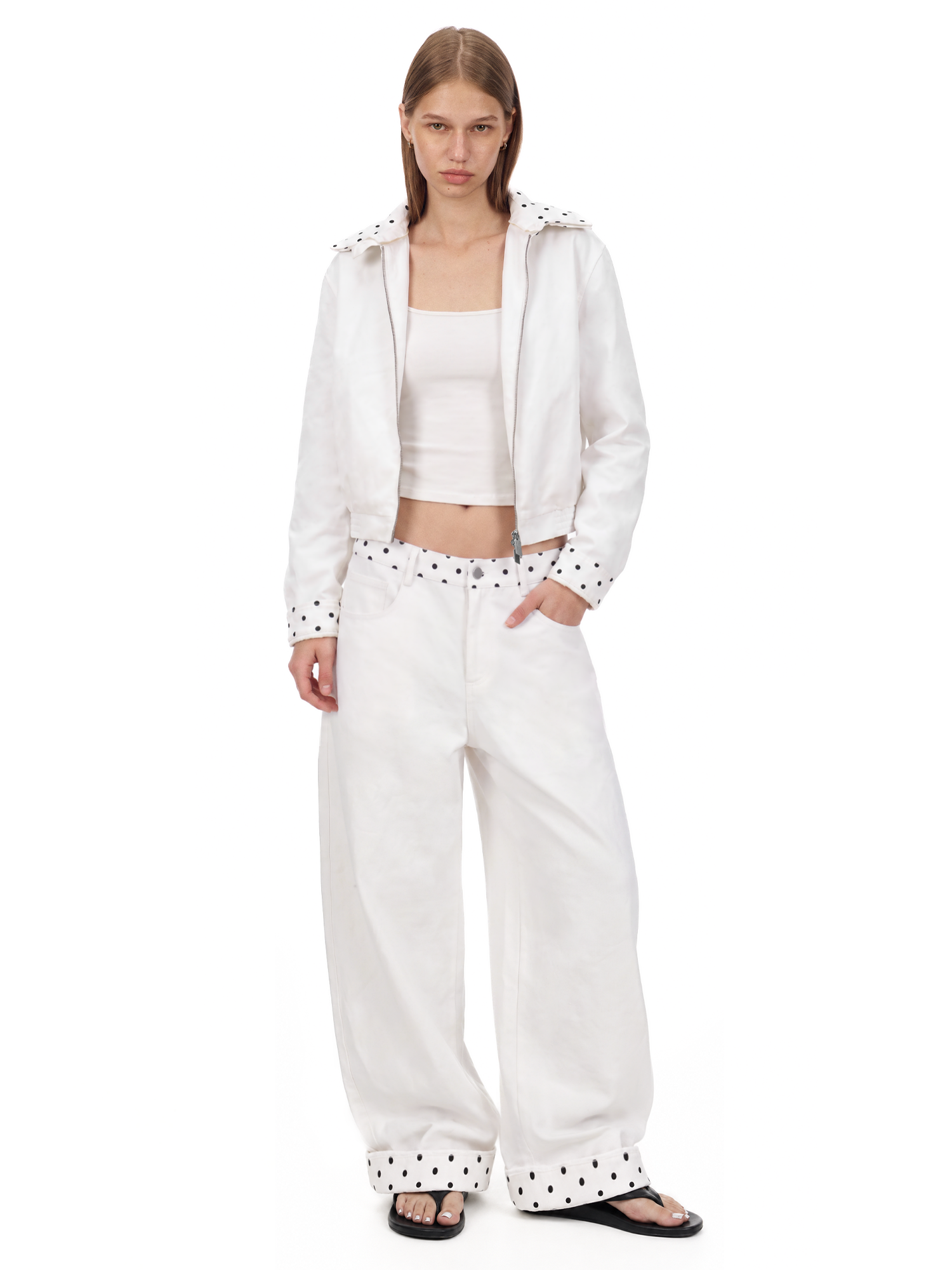 Polka Dot Zip Jacket Baggy Jeans in Pants (Style Perspective Shot 6) - FDR Heavyweight Streetwear Outerwear Jacket - Premium Archive Fashion | FDR Studios