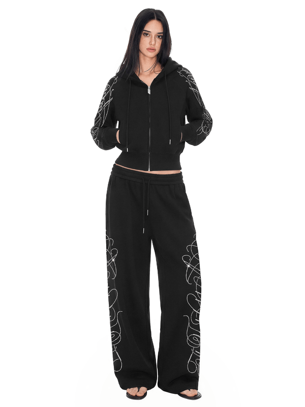 Rhinestone Zip Hoodie,Baggy Sweatpants - Front View - Oversized Baggy Fit | FDR Studios