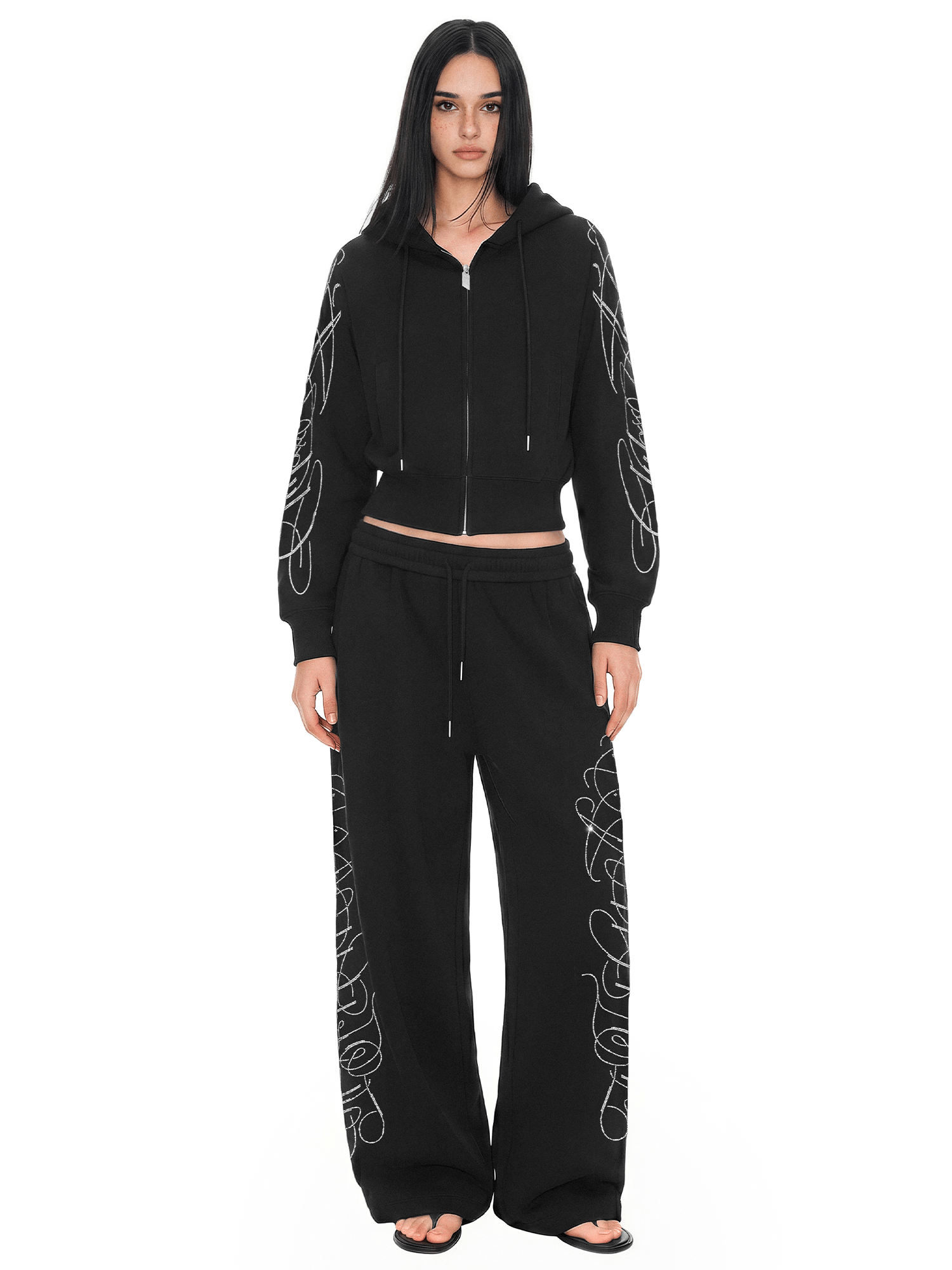 Side angle perspective of Rhinestone Zip Hoodie & Baggy Sweatpants in Black Hoodie - FDR