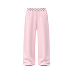 Light pink wide-leg lounge pants with a black polka-dot waistband, shown flat against a solid white background.
