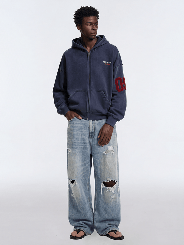 Signature Embroidered Zip Hoodie - Side Angle & Silhouette Detail - Streetwear Aesthetic | FDR Studios