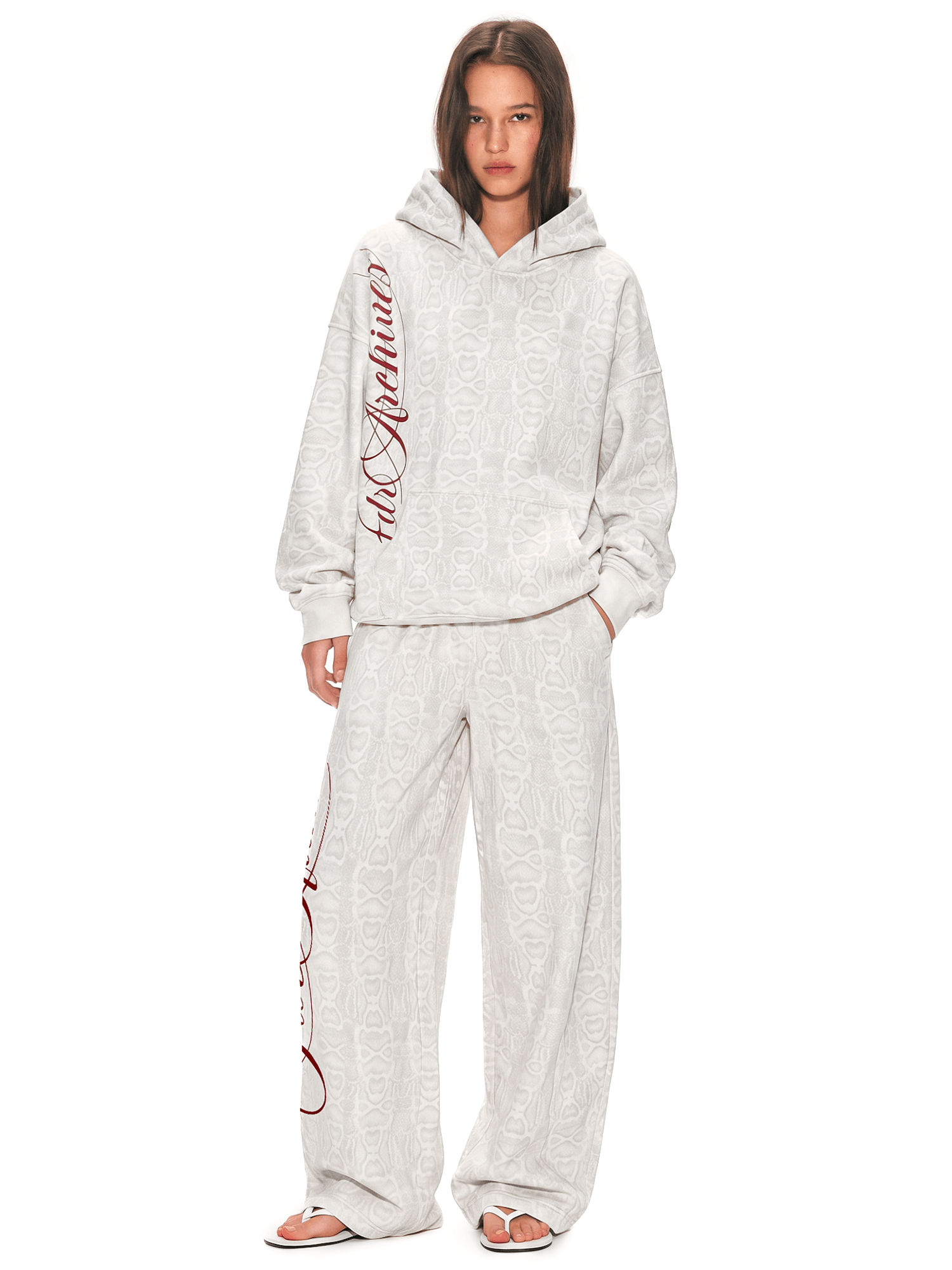 Side angle perspective of Script Snakeskin Oversized Hoodie in White Hoodie - FDR