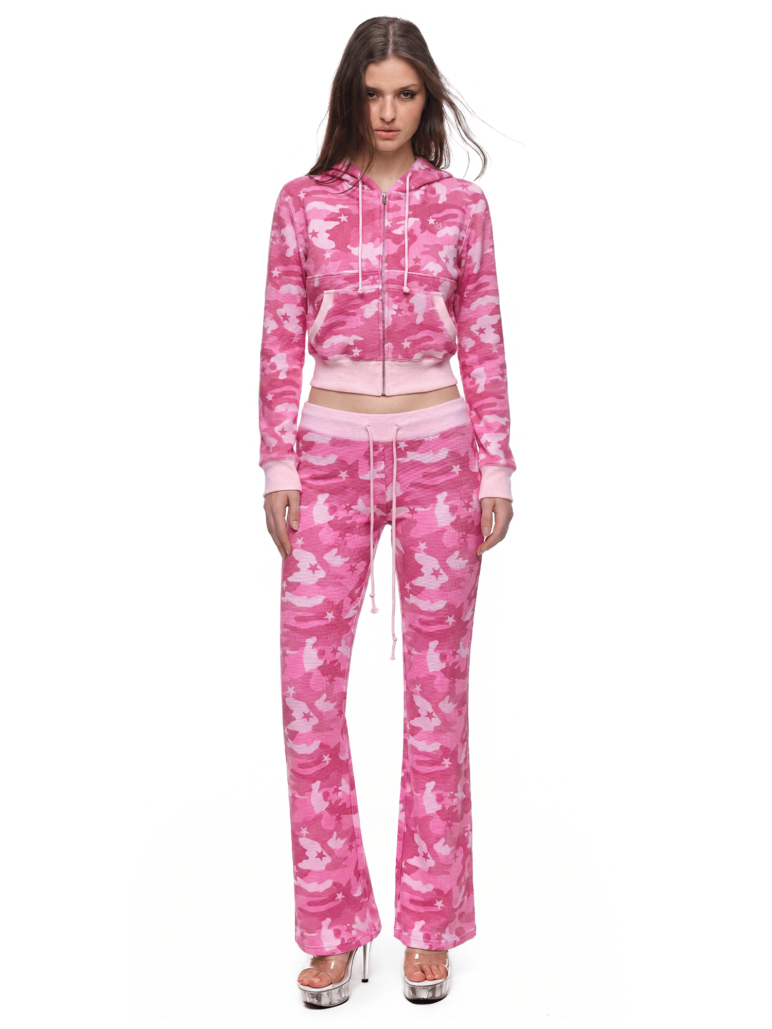 Star Camo Waffle Zip Hoodie & Flare Pants - Fabric Texture & Stitching Detail - Streetwear Aesthetic | FDR Studios