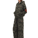 Women camouflage double waist sweatpants side view, relaxed fit wide leg cargo joggers streetwear fashion outfit