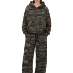 Camouflage double waist sweatpants women front view, oversized wide leg joggers streetwear outfit full body styling