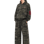 men camo double waist sweatpants multiple angles, streetwear wide leg joggers outfit styling front side back views
