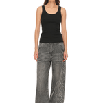 Front view of model wearing Vintage Rhinestone Baggy Denim in Washed Gray - FDR
