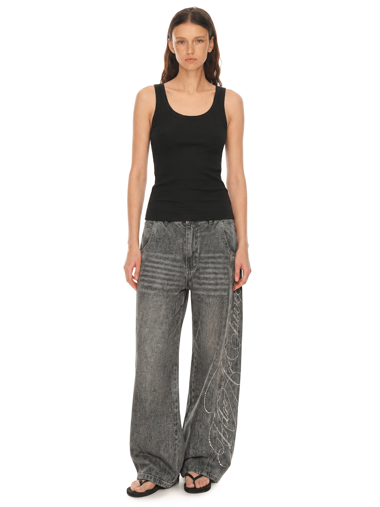 Front view of model wearing Vintage Rhinestone Baggy Denim in Washed Gray - FDR