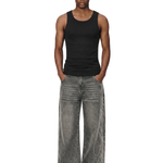 Side angle perspective of Vintage Rhinestone Baggy Denim in Washed Gray - FDR
