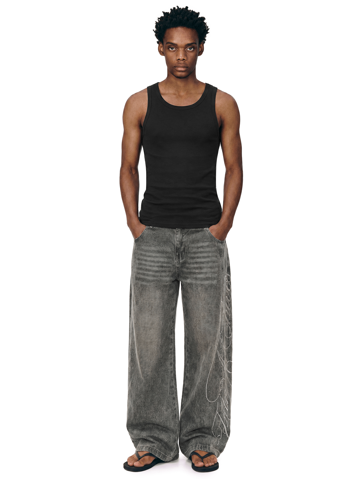 Side angle perspective of Vintage Rhinestone Baggy Denim in Washed Gray - FDR