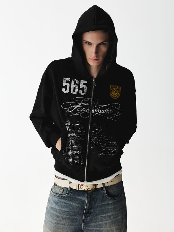 Script Washed Zip Hoodie