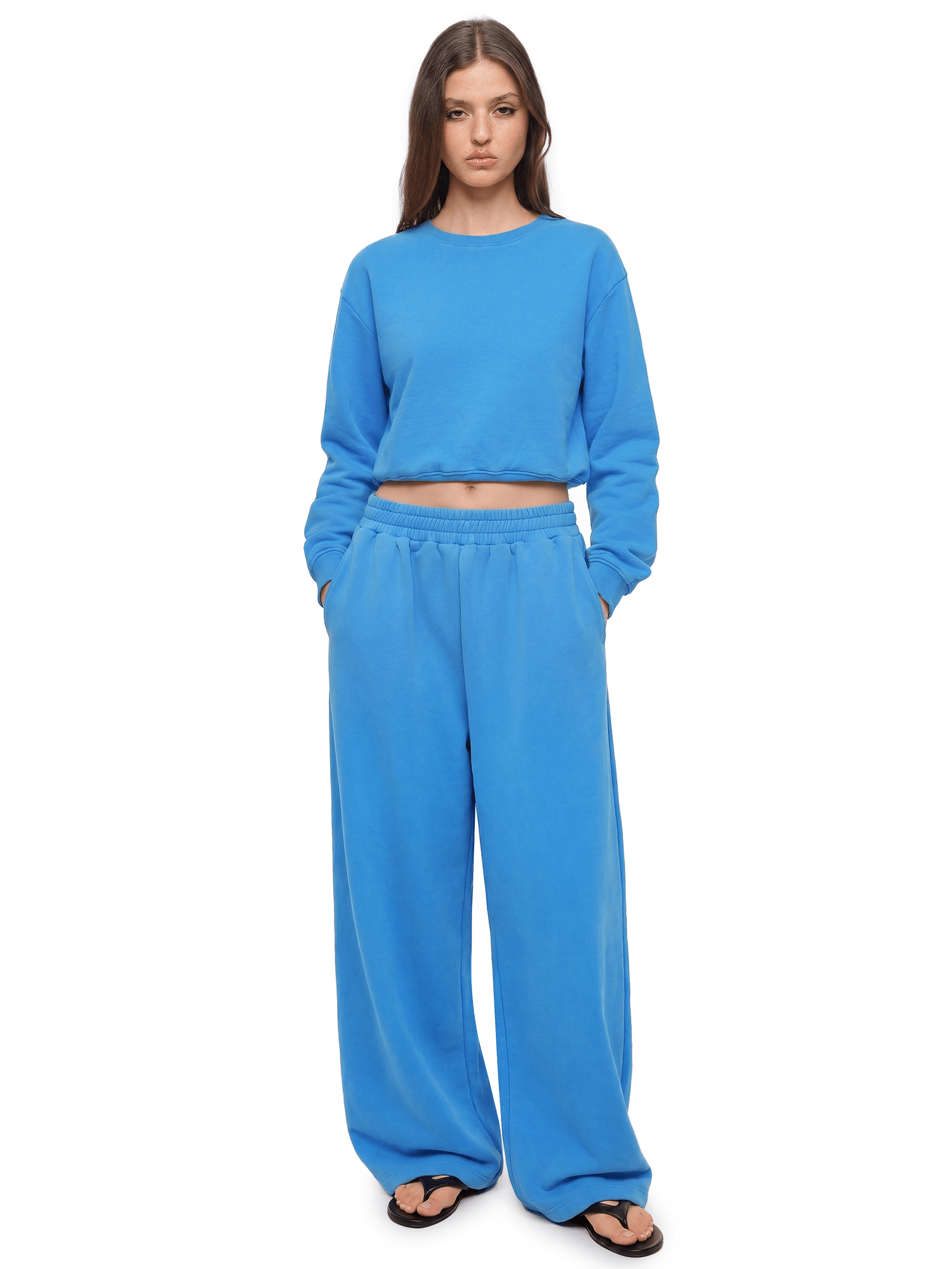 Front view of model wearing Urban Cobalt Washed Sweatpants in Lake Blue - FDR