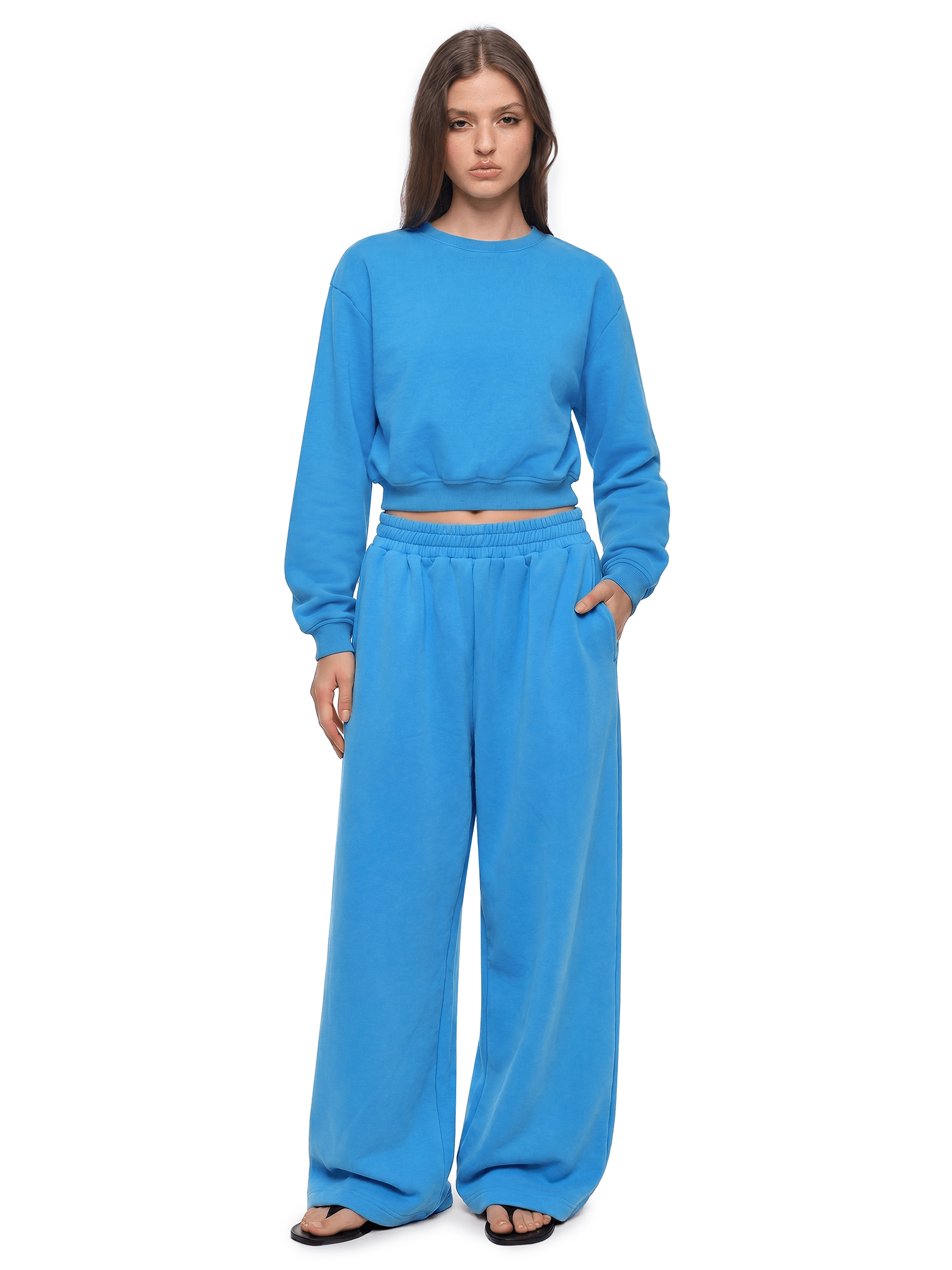 Side angle perspective of Urban Cobalt Washed Sweatshirt in Lake Blue - FDR