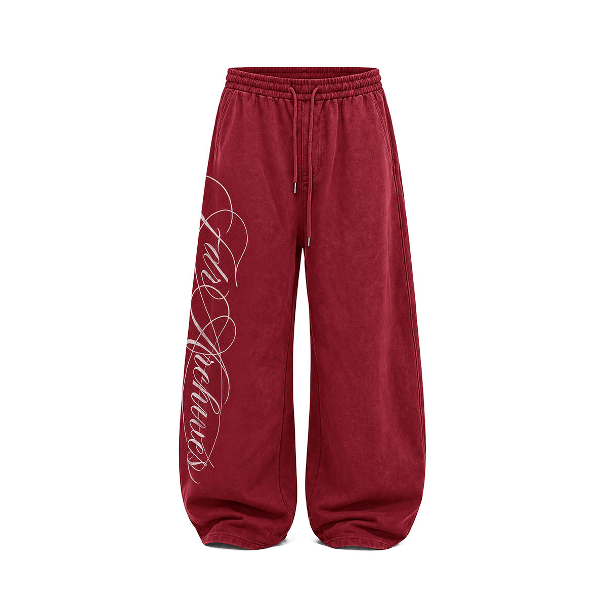 Burgundy red wide-leg baggy sweatpants with drawstring waist, product front view