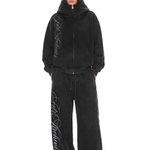 Black zip-up hoodie with big oversized hood and wide-leg baggy sweatpants set, Cyber Y2K streetwear, front full view