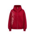 Burgundy red zip-up hoodie with oversized hood and front script embroidery, product front view