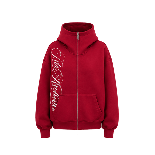 Burgundy red zip-up hoodie with oversized hood and front script embroidery, product front view