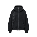 Black zip-up hoodie with oversized hood, silver full zip, and script embroidery, flat layout view