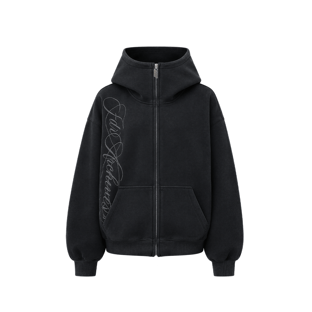 Black zip-up hoodie with oversized hood, silver full zip, and script embroidery, flat layout view