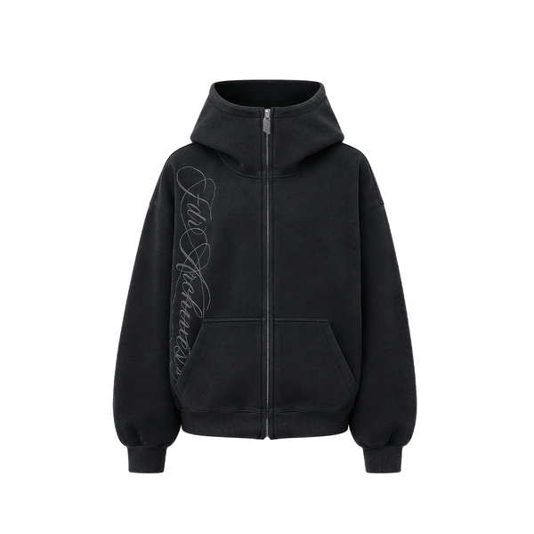 Black zip-up hoodie with oversized hood, silver full zip, and script embroidery, flat layout view