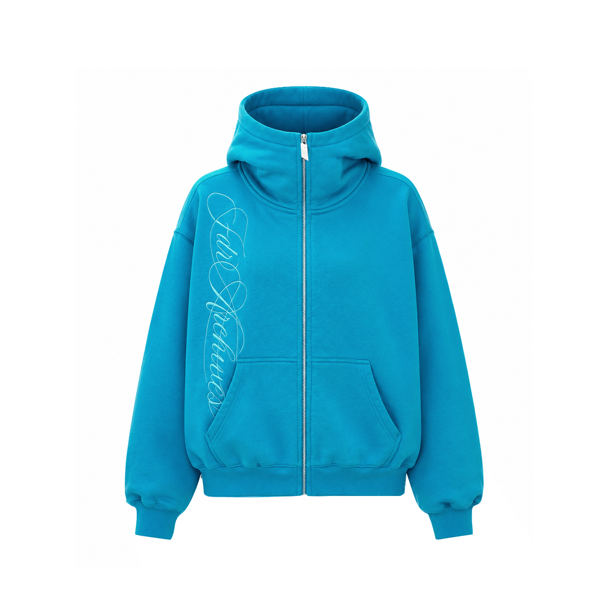 Cyan blue Y2K oversized zip-up hoodie with script logo, product front view