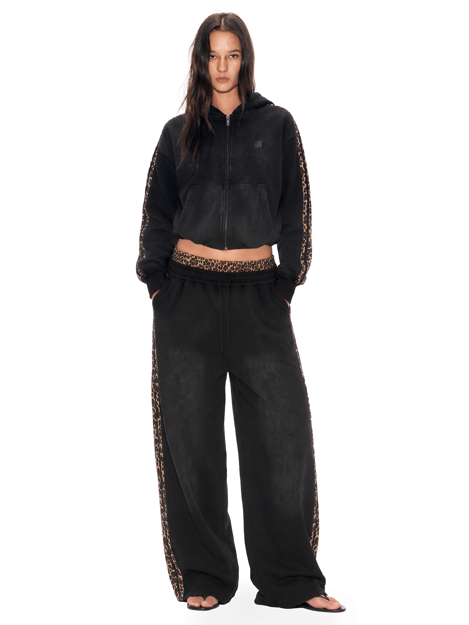 Front view of model wearing Washed Leopard Tape Hoodie in Black - FDR