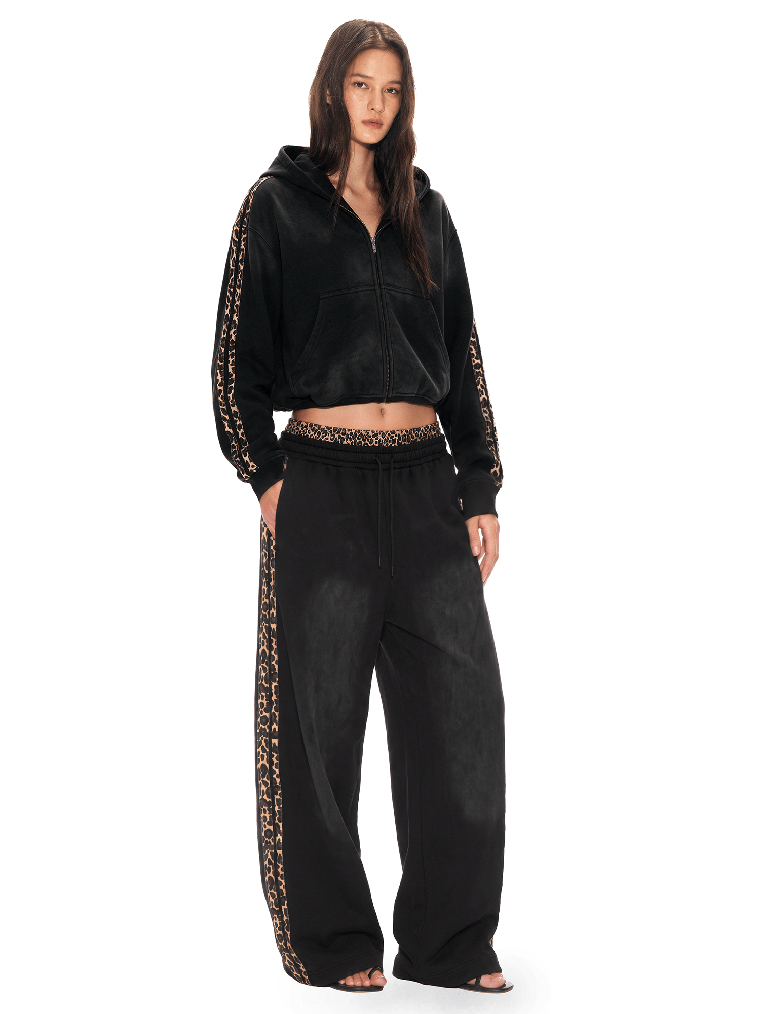 Back view of model wearing Washed Leopard Tape Hoodie in Black - FDR