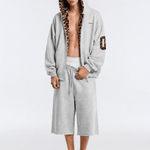 Leopard Lined Patchwork Zip Hoodie Jacket in Flower-Grey (Front View Product Shot) - FDR Zip Up Oversized Hoodie - Premium Heavyweight Fleece Sweatshirt | FDR Studios