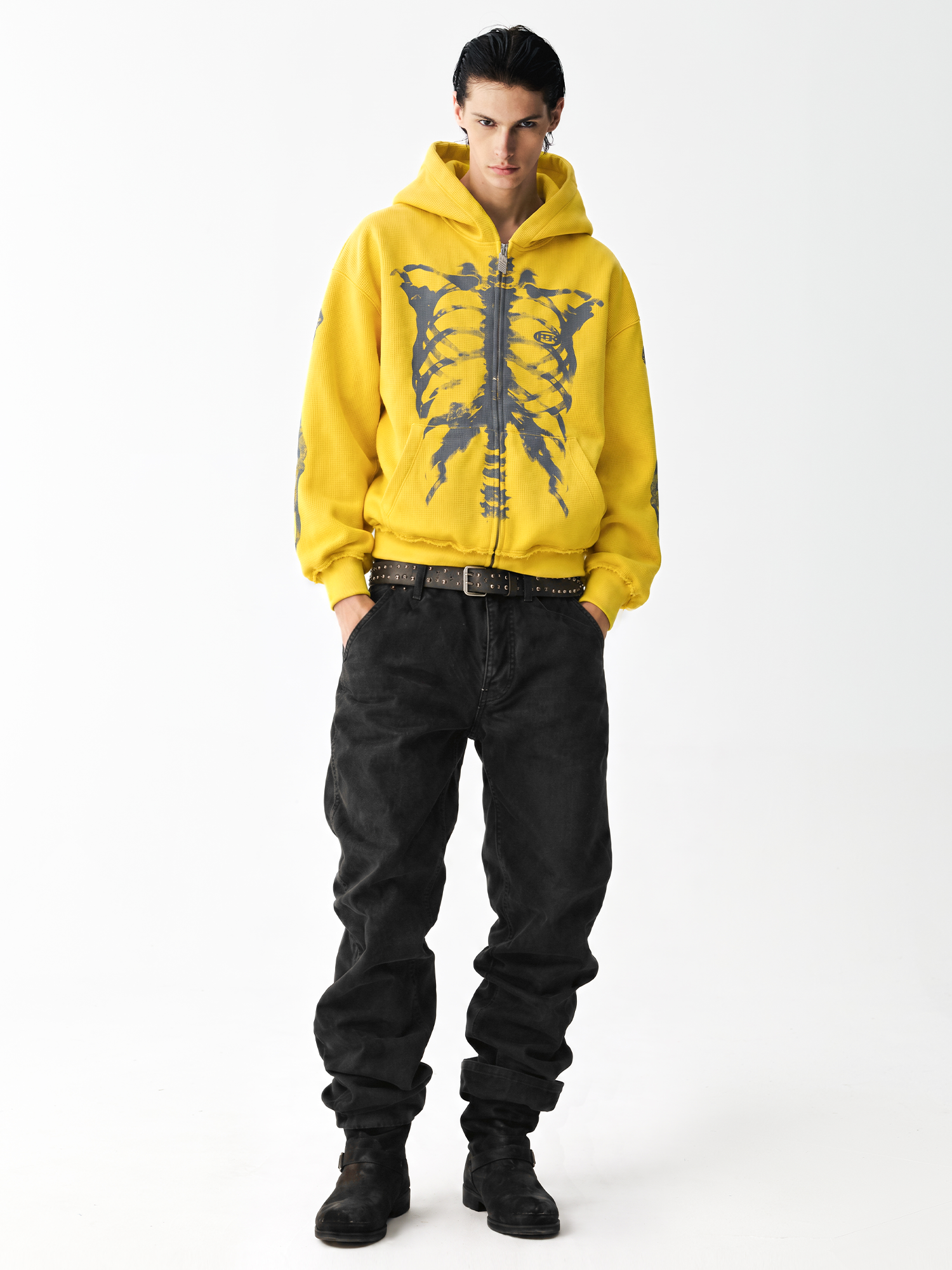 X Ray Skeleton Waffle Hoodie in Dark-Green (Style Perspective Shot 11) - FDR Oversized Heavyweight Hoodie - Official Streetwear Sweatshirt | FDR Studios