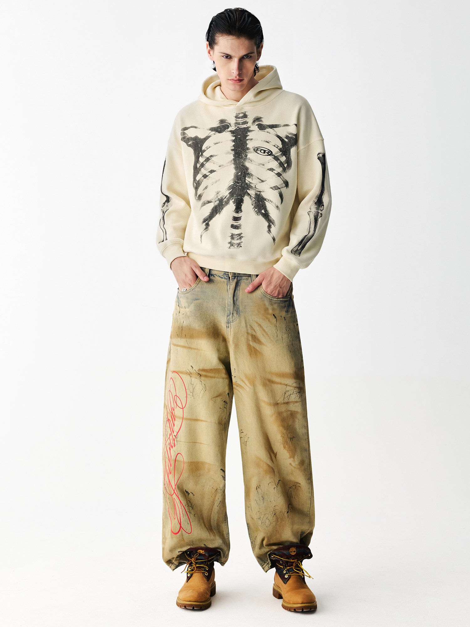 X Ray Skeleton Waffle Hoodie in Black (Front View Product Shot) - FDR Oversized Heavyweight Hoodie - Official Streetwear Sweatshirt | FDR Studios