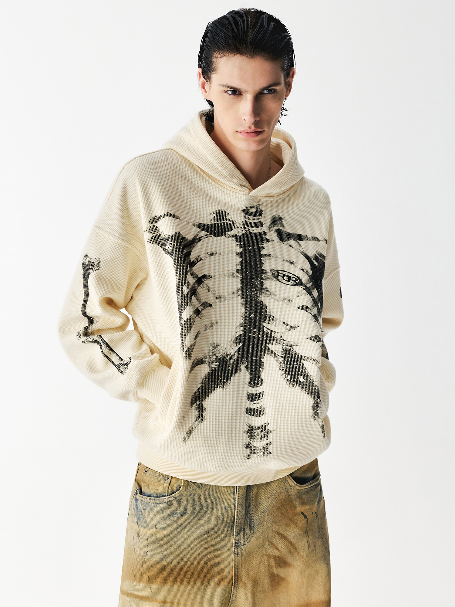X Ray Skeleton Waffle Hoodie in Black (Back Profile & Fit Detail) - FDR Oversized Heavyweight Hoodie - Official Streetwear Sweatshirt | FDR Studios