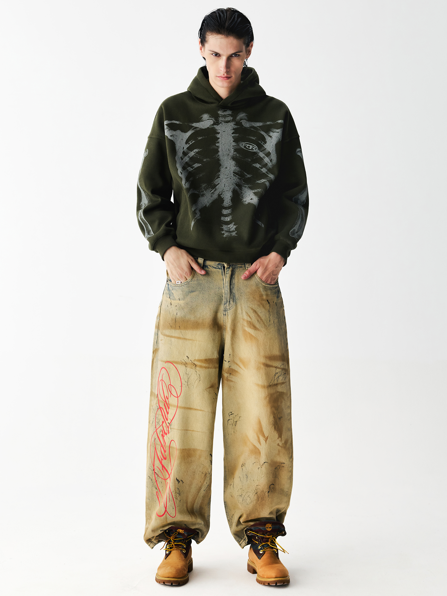 X Ray Skeleton Waffle Hoodie in Apricot-1 (Full Body Outfit & Model Styling View) - FDR Oversized Heavyweight Hoodie - Official Streetwear Sweatshirt | FDR Studios