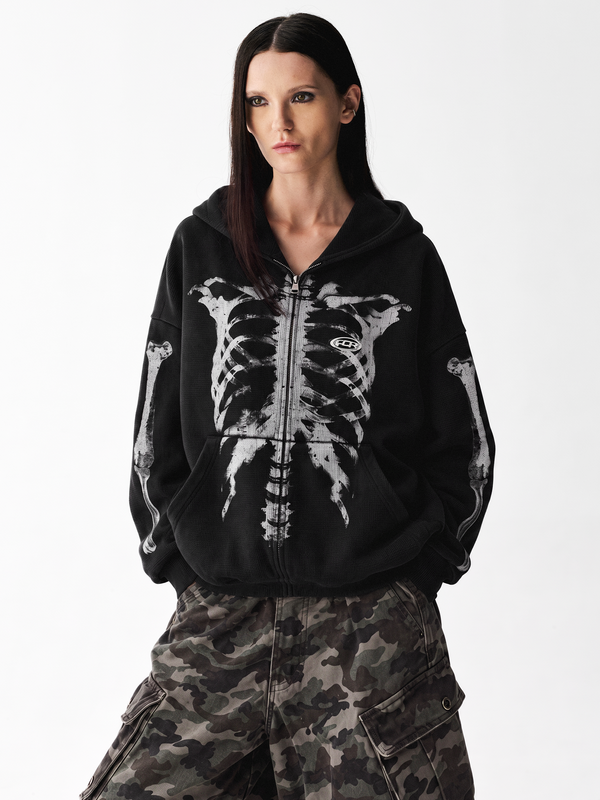 X Ray Skeleton Waffle Hoodie in Dark-Green (Style Perspective Shot 10) - FDR Oversized Heavyweight Hoodie - Official Streetwear Sweatshirt | FDR Studios