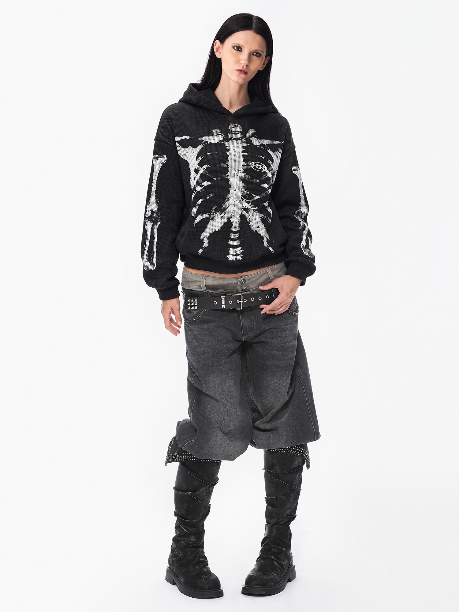 X Ray Skeleton Waffle Hoodie in Apricot-1 (Style Perspective Shot 8) - FDR Oversized Heavyweight Hoodie - Official Streetwear Sweatshirt | FDR Studios